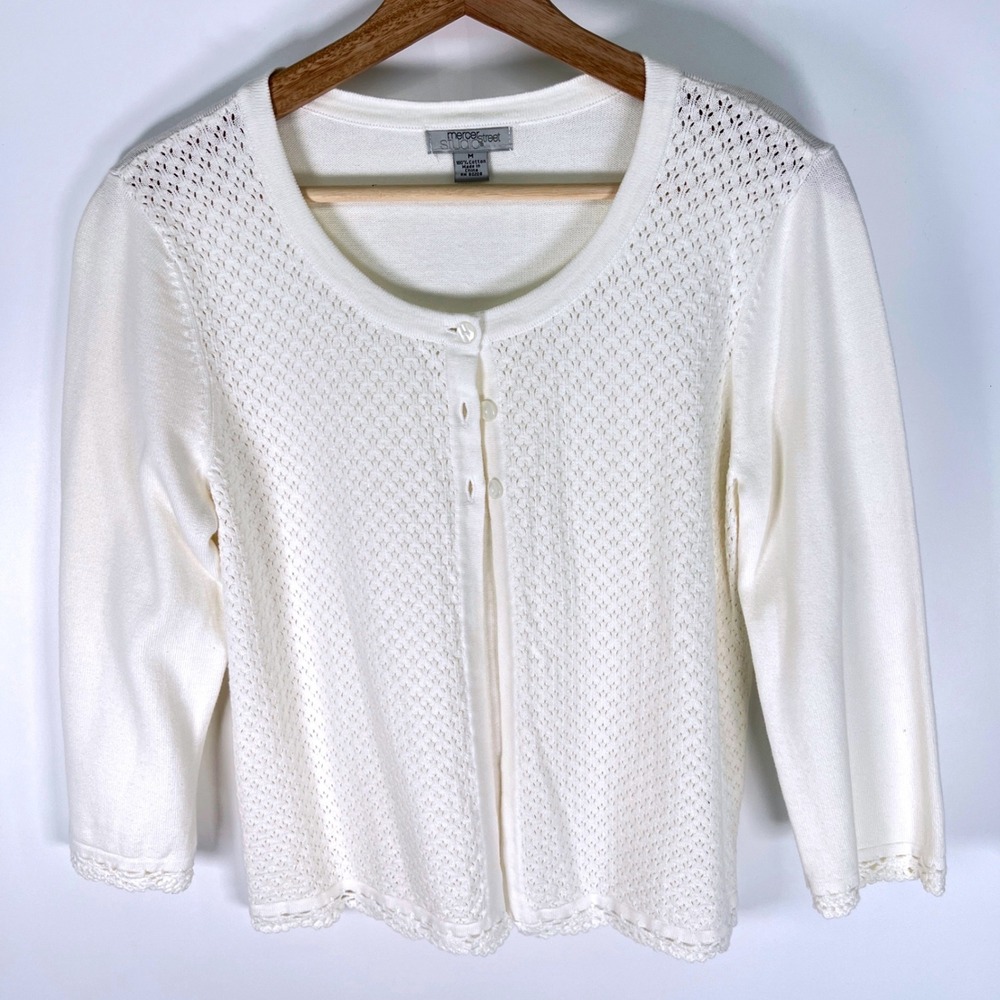 Mercer Street Studio White Cotton Pointelle Crochet Cardigan Sweater Womens M